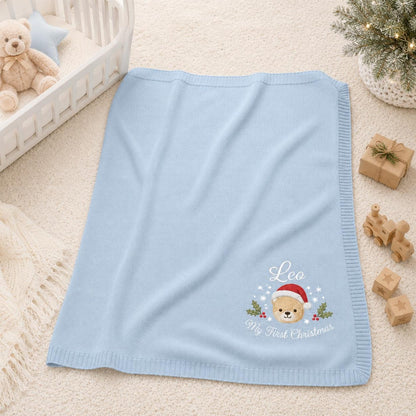 Personalisierte Weihnachtsstrickdecke mit Teddybärstickerei und Namen