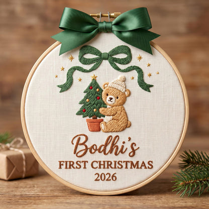 Personalisierter, bestickter Teddybär-Weihnachtsbaumschmuck, Erinnerungsstück an Babys erstes Weihnachtsfest