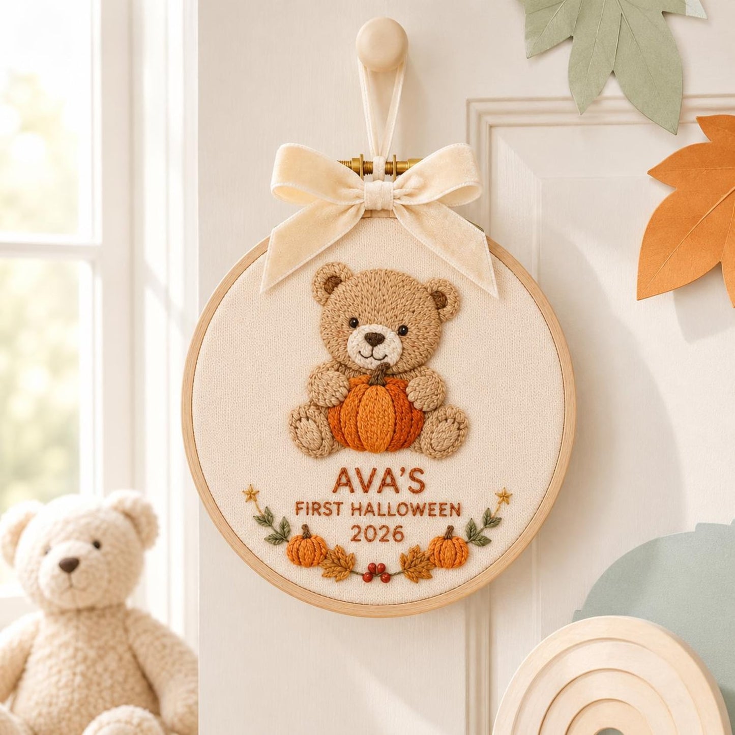 Personalisierter Stickrahmen-Anhänger für Babys erstes Halloween: „Lieblingskind-Kürbis-Teddy“ – Baby-Erinnerungsstück, gestickter Anhänger, bedeutungsvolles Geschenk