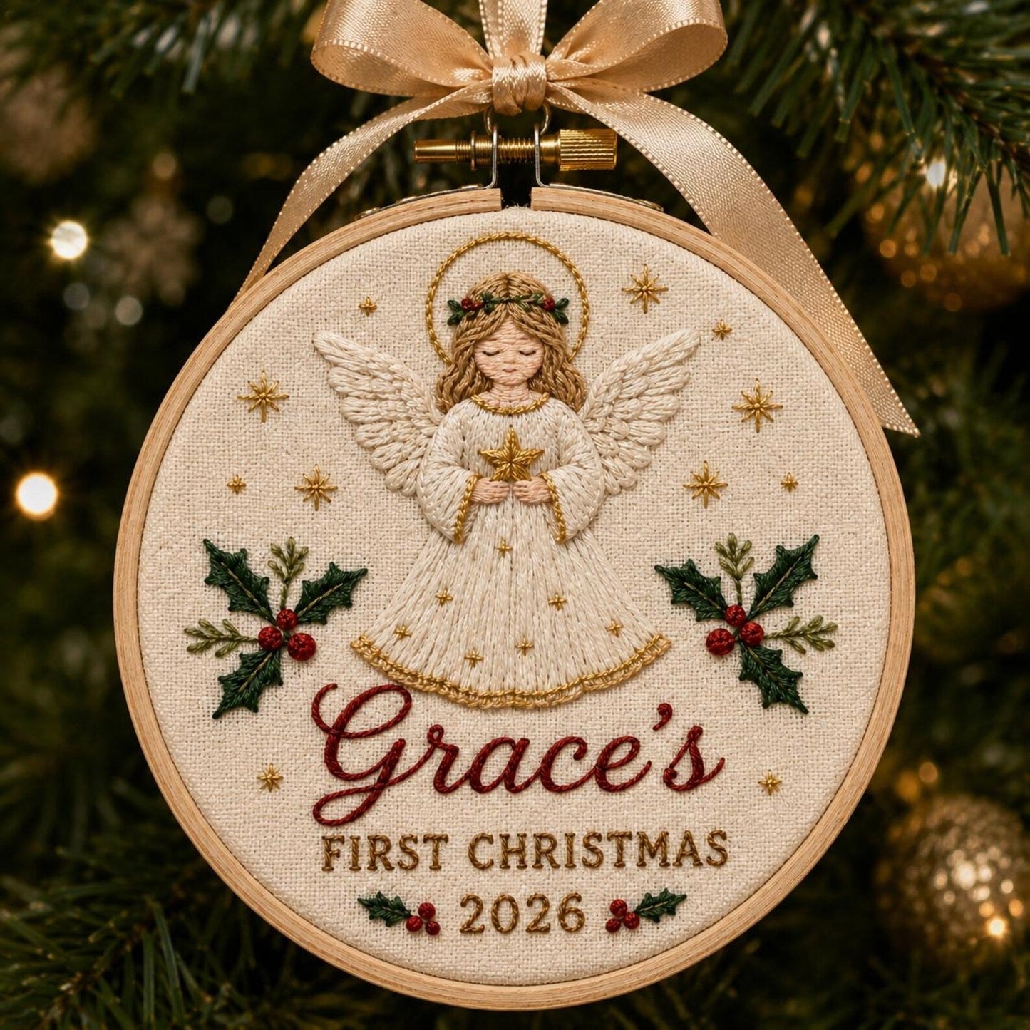 Personalisierter Stickrahmen mit Engel-Anhänger für das erste Weihnachtsfest – Religiöser Heiligenschein, Stechpalme, Gold, Christliches Andenken 2026, Weihnachtsgeschenk