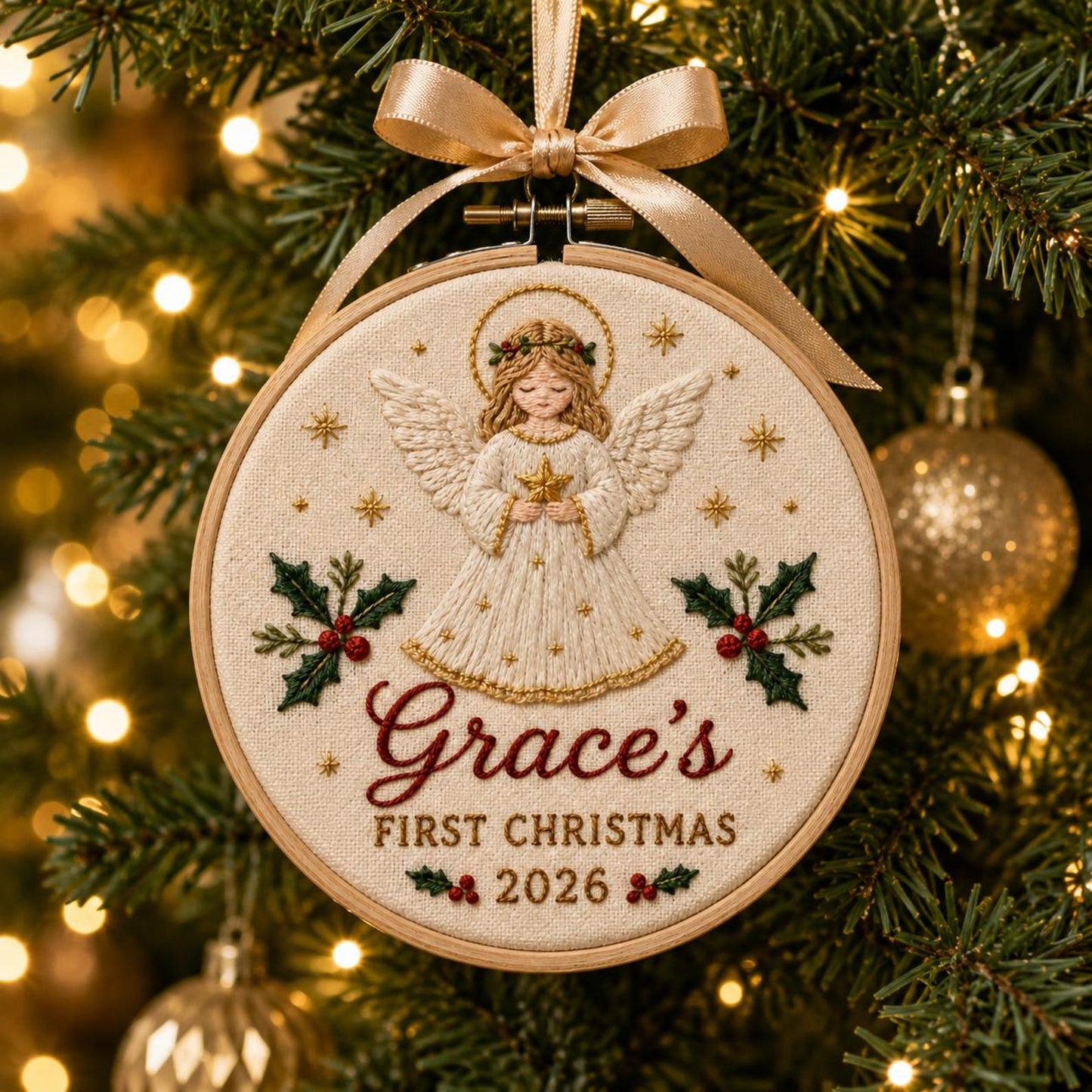 Personalisierter Stickrahmen mit Engel-Anhänger für das erste Weihnachtsfest – Religiöser Heiligenschein, Stechpalme, Gold, Christliches Andenken 2026, Weihnachtsgeschenk