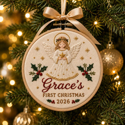 Personalisierter Stickrahmen mit Engel-Anhänger für das erste Weihnachtsfest – Religiöser Heiligenschein, Stechpalme, Gold, Christliches Andenken 2026, Weihnachtsgeschenk