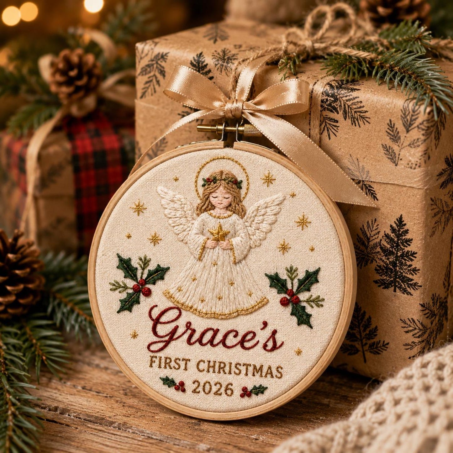Personalisierter Stickrahmen mit Engel-Anhänger für das erste Weihnachtsfest – Religiöser Heiligenschein, Stechpalme, Gold, Christliches Andenken 2026, Weihnachtsgeschenk