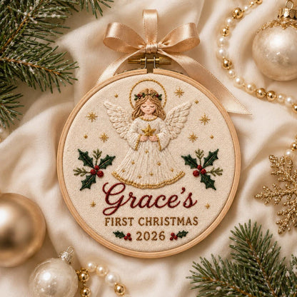 Personalisierter Stickrahmen mit Engel-Anhänger für das erste Weihnachtsfest – Religiöser Heiligenschein, Stechpalme, Gold, Christliches Andenken 2026, Weihnachtsgeschenk