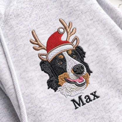 Bestickter Weihnachts-Hoodie mit individuellem Haustier-Porträt – personalisiertes Weihnachtsgeschenk für Hunde- oder Katzenbesitzer (mit Foto und Namen)