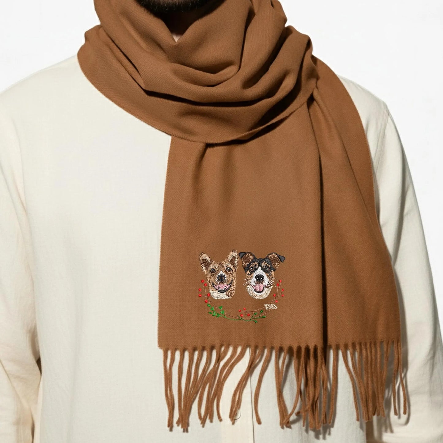 Custom Hunde­portrait-Schal – Eleganter Winter­schal mit Ihrem Vierbeiner als Stickerei