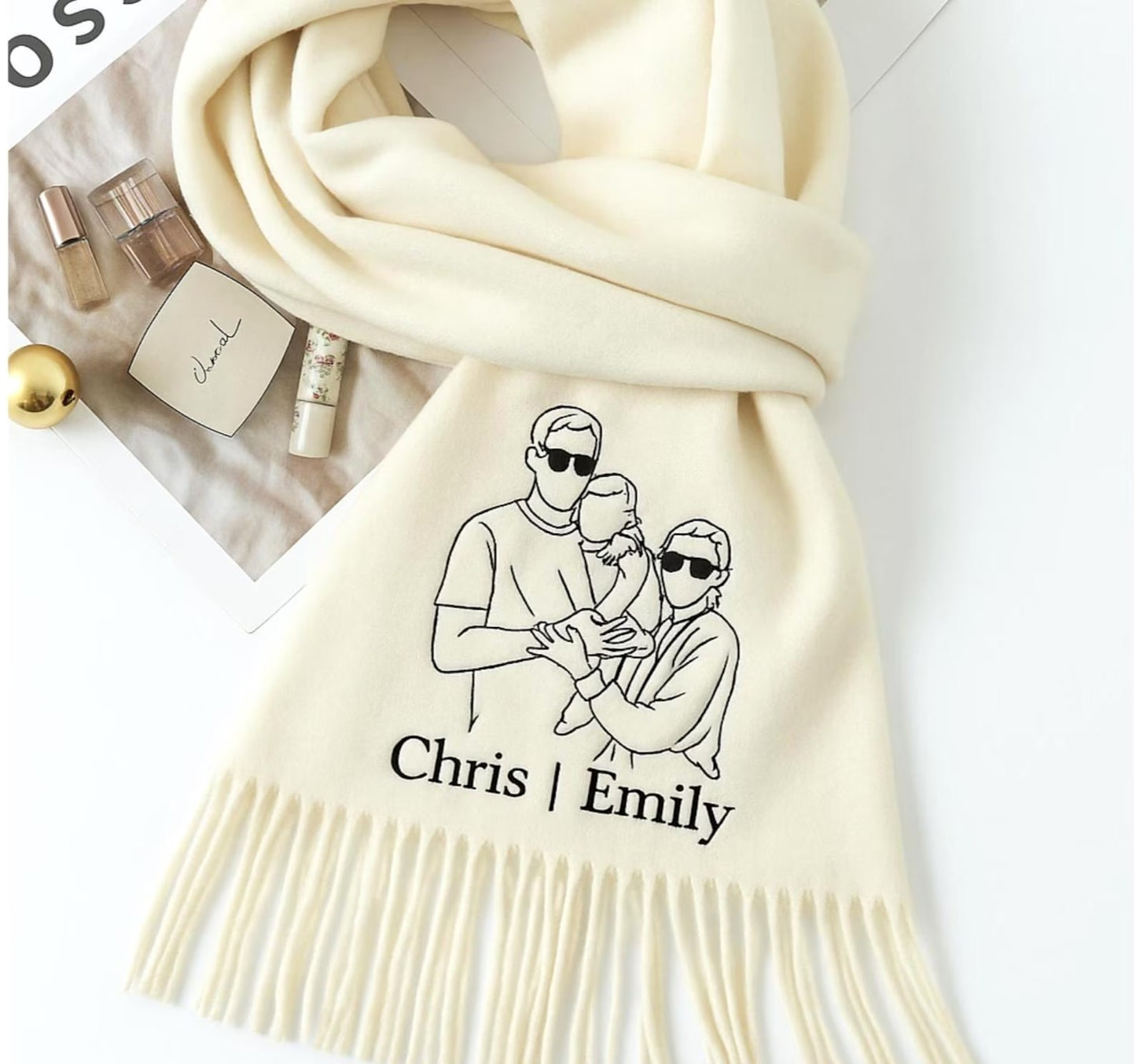 Personalisierter bestickter Wollschal mit Foto – Einzigartiges Geschenk für sie & ihn