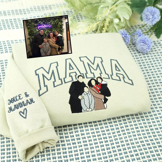 Muttertagsgeschenk für Mama – Individuell besticktes Sweatshirt mit Kinderporträts oder -namen