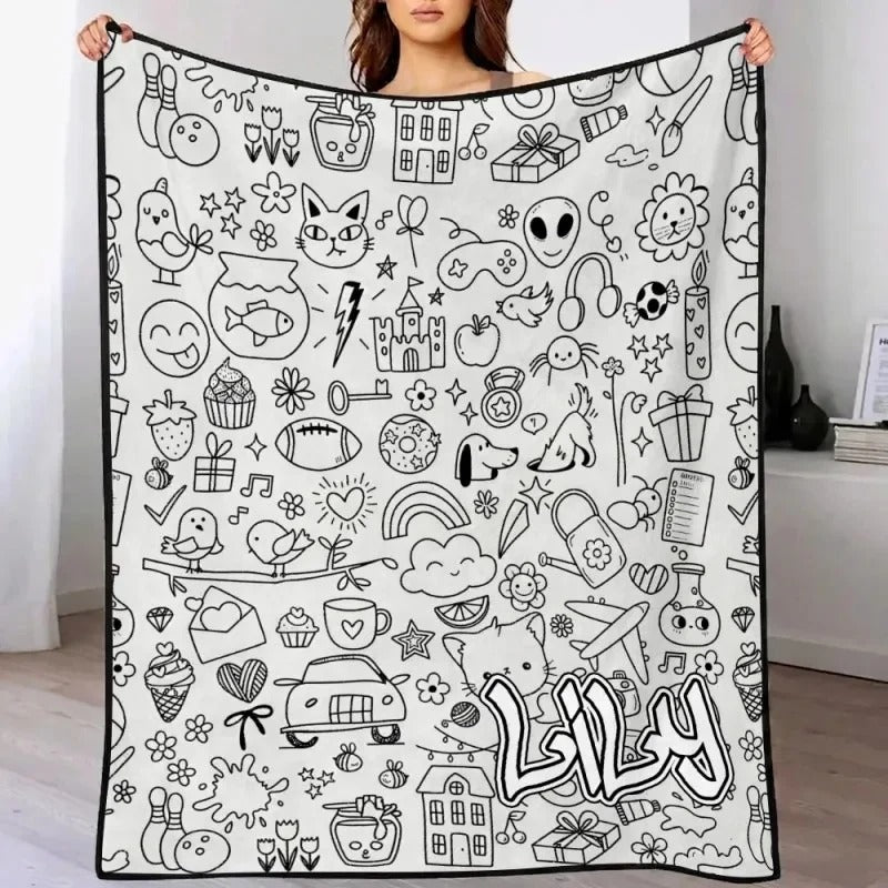 Personalisierbare DIY-Ausmaldecke mit Wunschnamen – waschbare Decke zum Bemalen, kreatives Geschenk für Kinder und Erwachsene