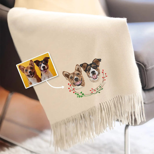 Custom Hunde­portrait-Schal – Eleganter Winter­schal mit Ihrem Vierbeiner als Stickerei