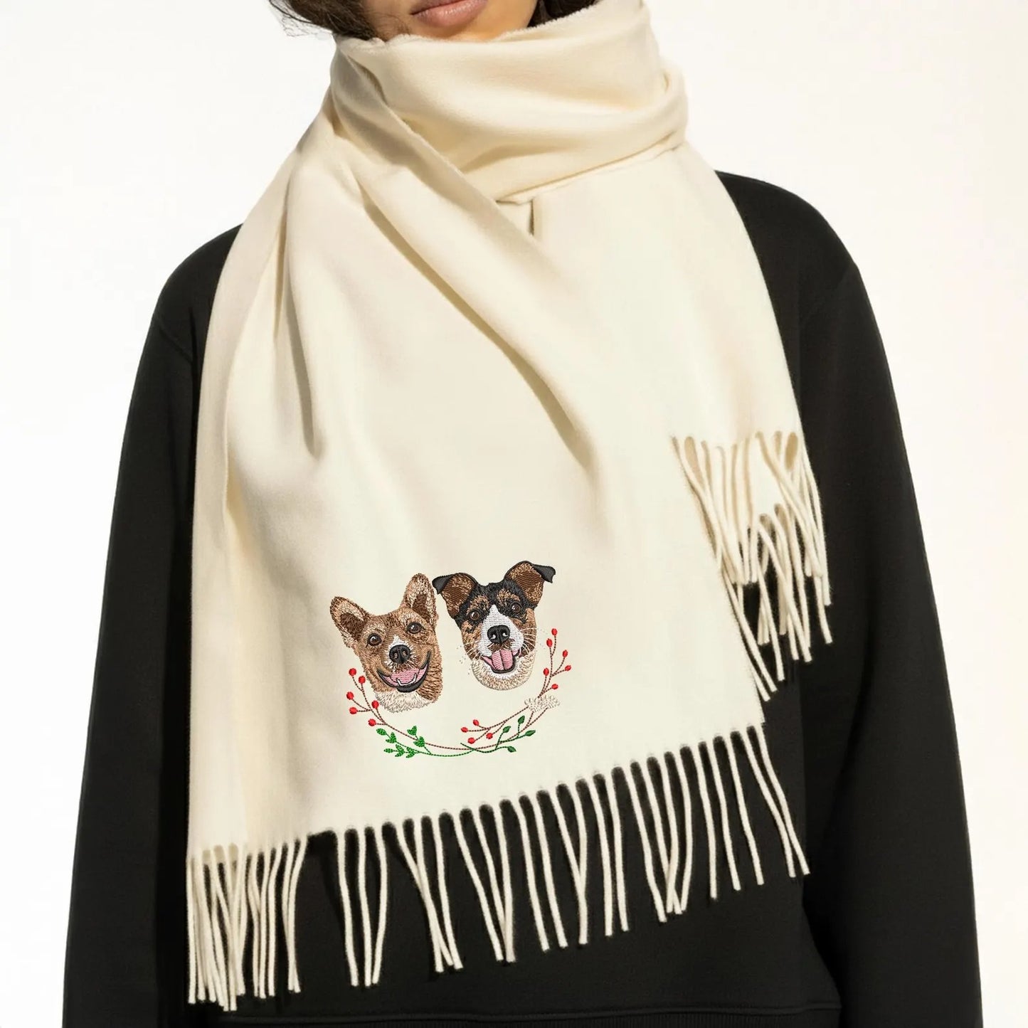 Custom Hunde­portrait-Schal – Eleganter Winter­schal mit Ihrem Vierbeiner als Stickerei