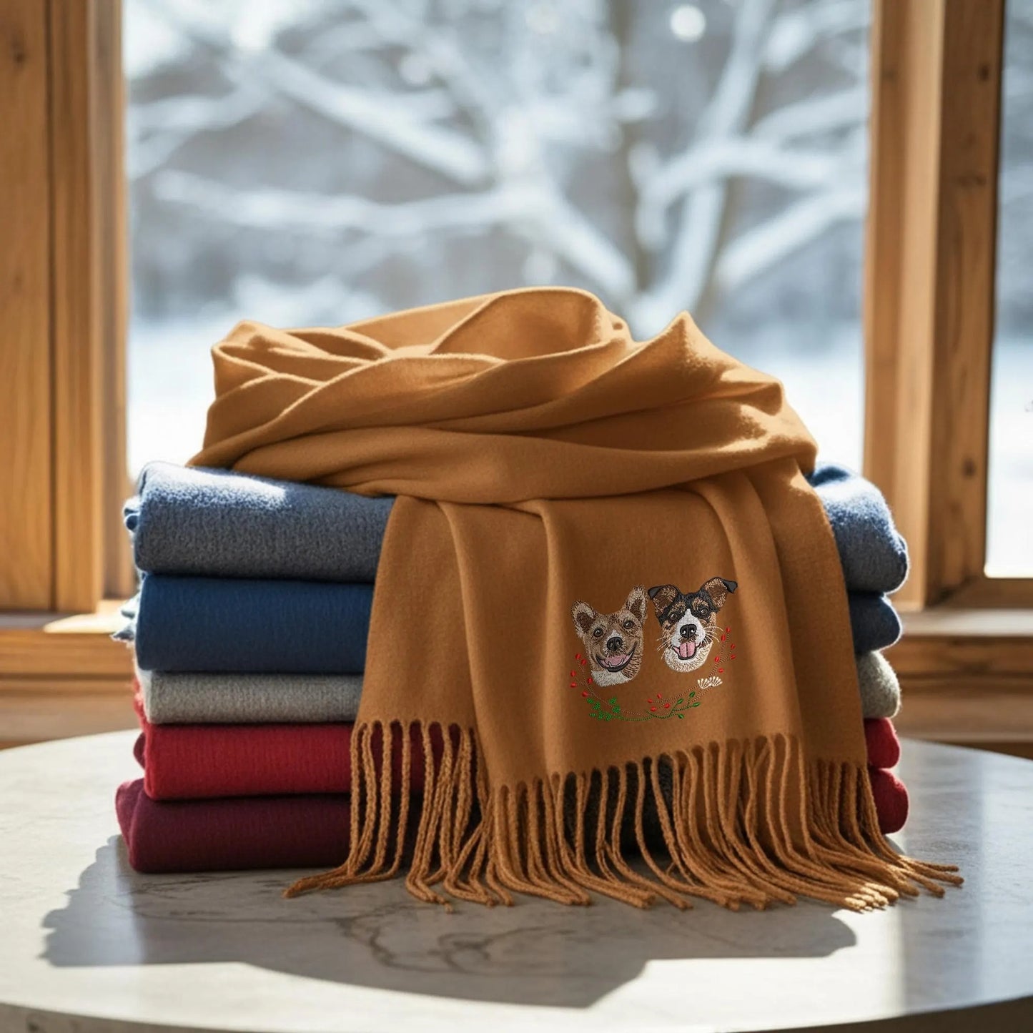 Custom Hunde­portrait-Schal – Eleganter Winter­schal mit Ihrem Vierbeiner als Stickerei