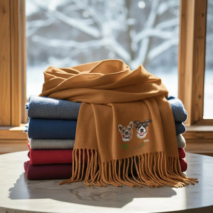 Custom Hunde­portrait-Schal – Eleganter Winter­schal mit Ihrem Vierbeiner als Stickerei