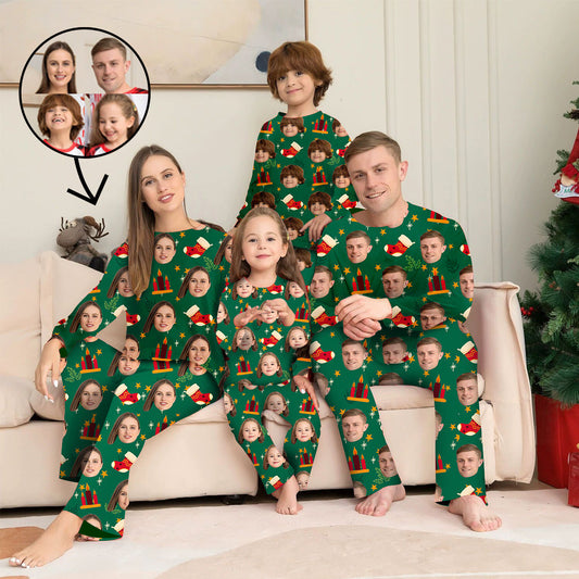 Benutzerdefinierte Foto-Pyjamas Familie passendes Set Weihnachten passende Nachtwäsche Personalisierte Pyjamas Weihnachtskerze