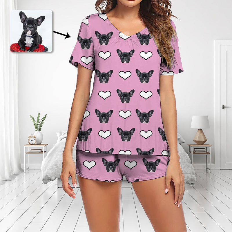 Benutzerdefiniertes Foto-Pyjama-Set kurzärmlig V-Ausschnitt Pyjama Damen-Shorts Pyjama-Set Nachtwäsche Nachtwäsche „Ich liebe meinen Hund“.