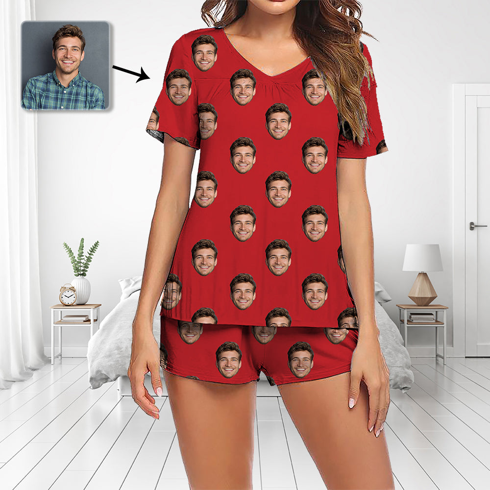 Benutzerdefinierte Foto Pyjamas Set Kurzarm V-Ausschnitt Pyjama Damen Shorts Pyjama Set Nachtwäsche Nachtwäsche Das Gesicht meines Freundes
