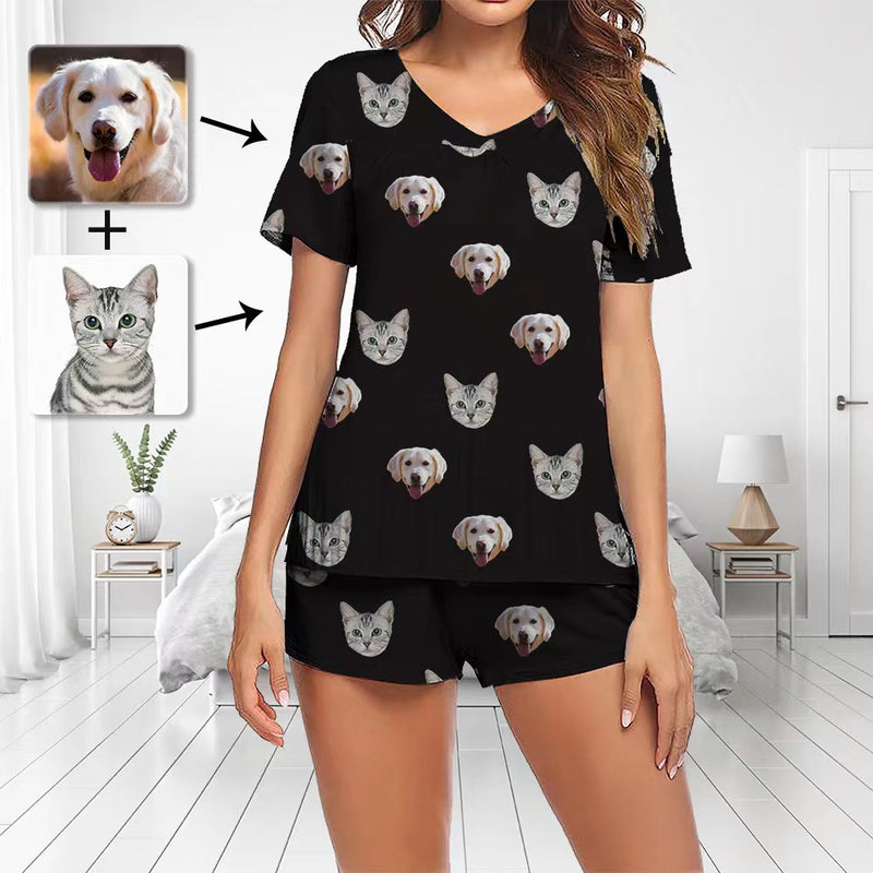 Benutzerdefinierte Foto Pyjamas Set Kurzarm V-Ausschnitt Pyjama Damen Shorts Pyjama Set Nachtwäsche Nachtwäsche mit Hund und Katze Gesicht