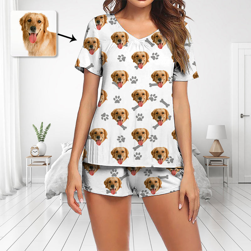 Haustier-Pyjama individuelles Foto-Pyjama-Set kurzärmeliger Pyjama mit V-Ausschnitt Damen-Shorts Pyjama-Set Nachtwäsche Hunde-Fußabdruck Muttertagsgeschenke