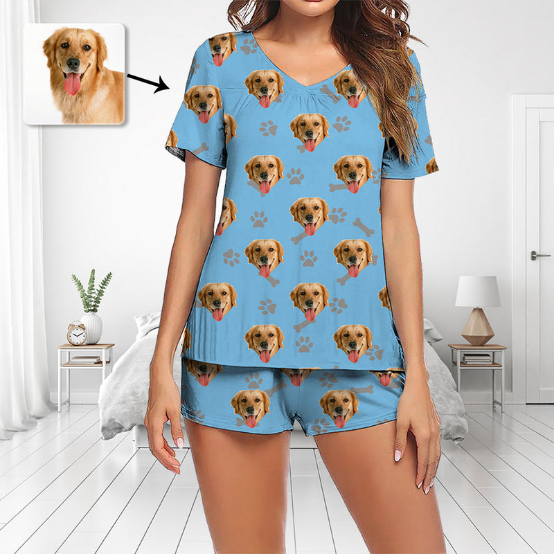 Benutzerdefinierte Foto Pyjama Set Kurzarm V-Ausschnitt Pyjama Damen Shorts Pyjama Set Nachtwäsche Nachtwäsche Hund Fußabdruck mit Knochen