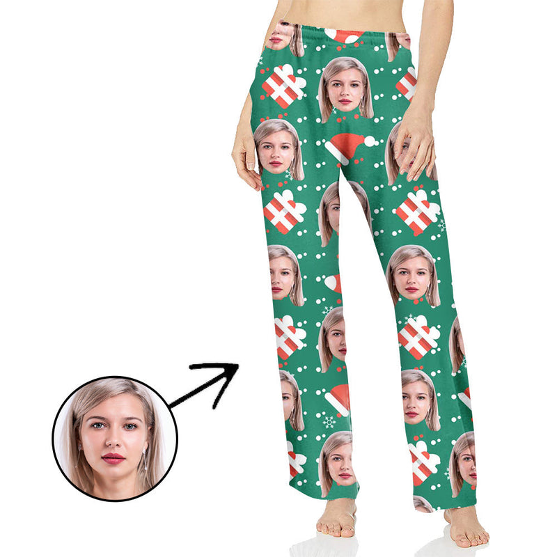 Benutzerdefinierte Foto-Pyjama-Hosen für Frauen Weihnachtsmütze und Geschenke