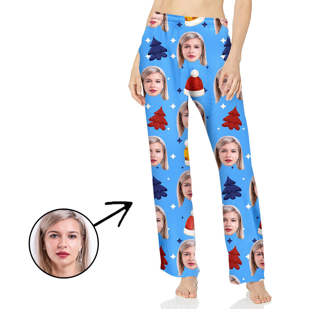 Benutzerdefinierte Foto-Pyjama-Hosen für Frauen Weihnachtsmütze und Weihnachtsbaum
