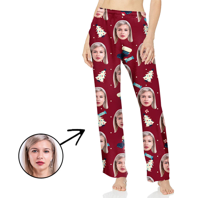 Benutzerdefinierte Foto-Pyjama-Hosen für Frauen Weihnachtsbaum im Rot