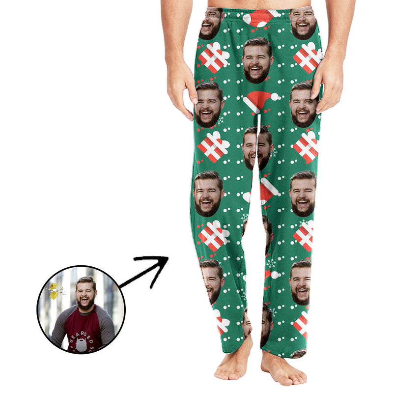 Benutzerdefinierte Foto-Pyjama-Hosen für Männer Weihnachtsmütze und Geschenke