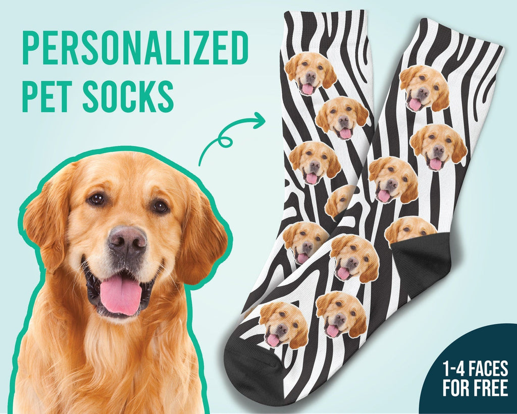 Benutzerdefinierte Hundegesicht auf Zebra-Print-Socken personalisiert